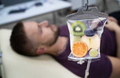 iv bag with fruit and patient